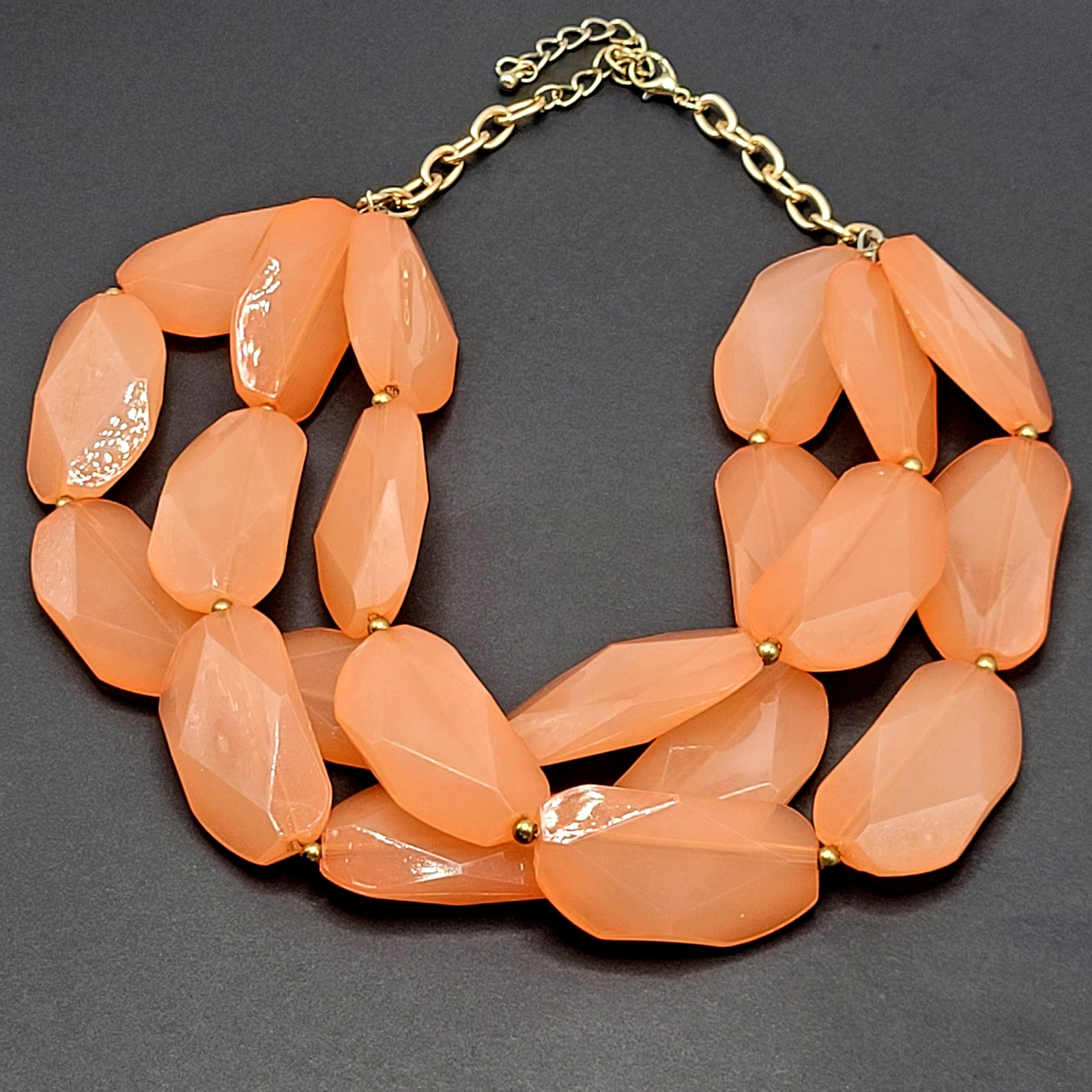 Glamourous Melon Peach Orange Shade Lucite Triple Strand Beaded Necklace 21 Inch