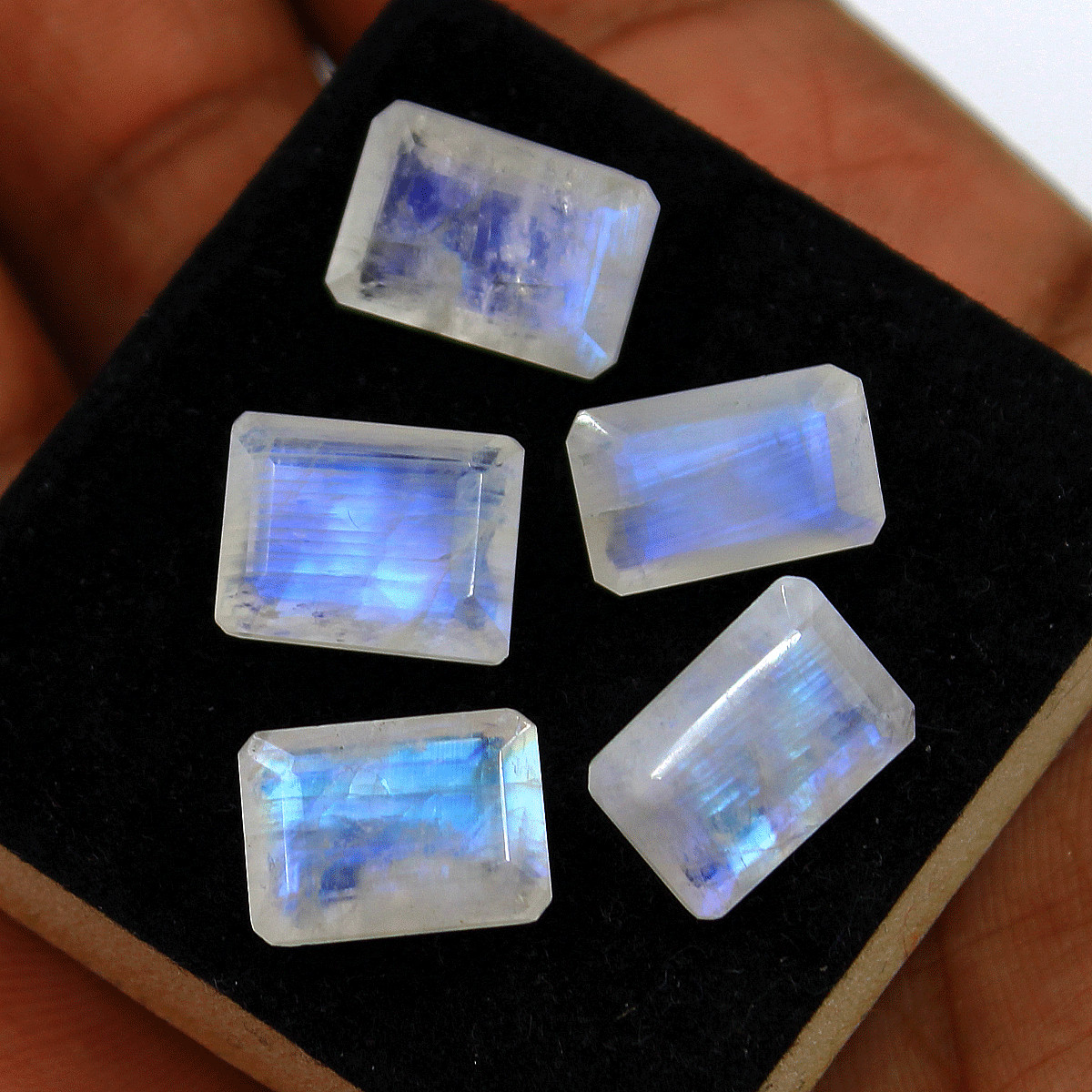 5 Pcs Natural Rainbow Moonstone Top Quality 13-13.7mm Baguette Cut Gemstones Lot