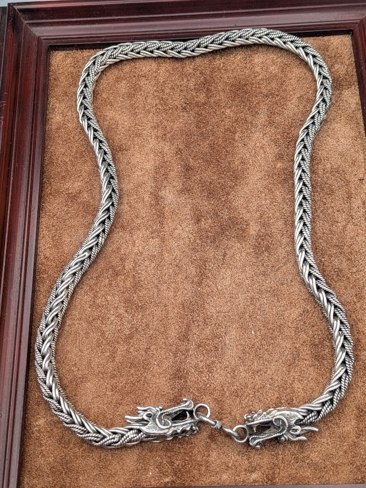 Sterling Silver Braided 18″ Hook Closure Chain With Dragon Head End Tabs~ 71.5g