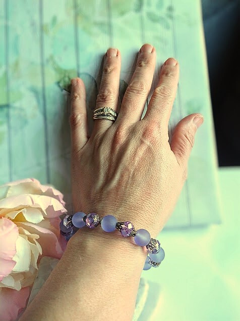 Handcrafted Sea Glass Bracelet, Ladies Stretch Bracelet, Beaded Chain Bangle