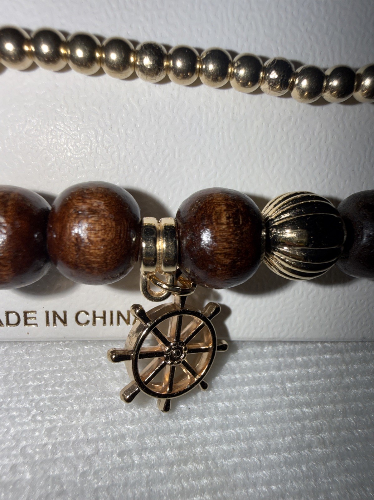 Dark Brown Wood Beaded Charm Stretch Bracelet By Linda