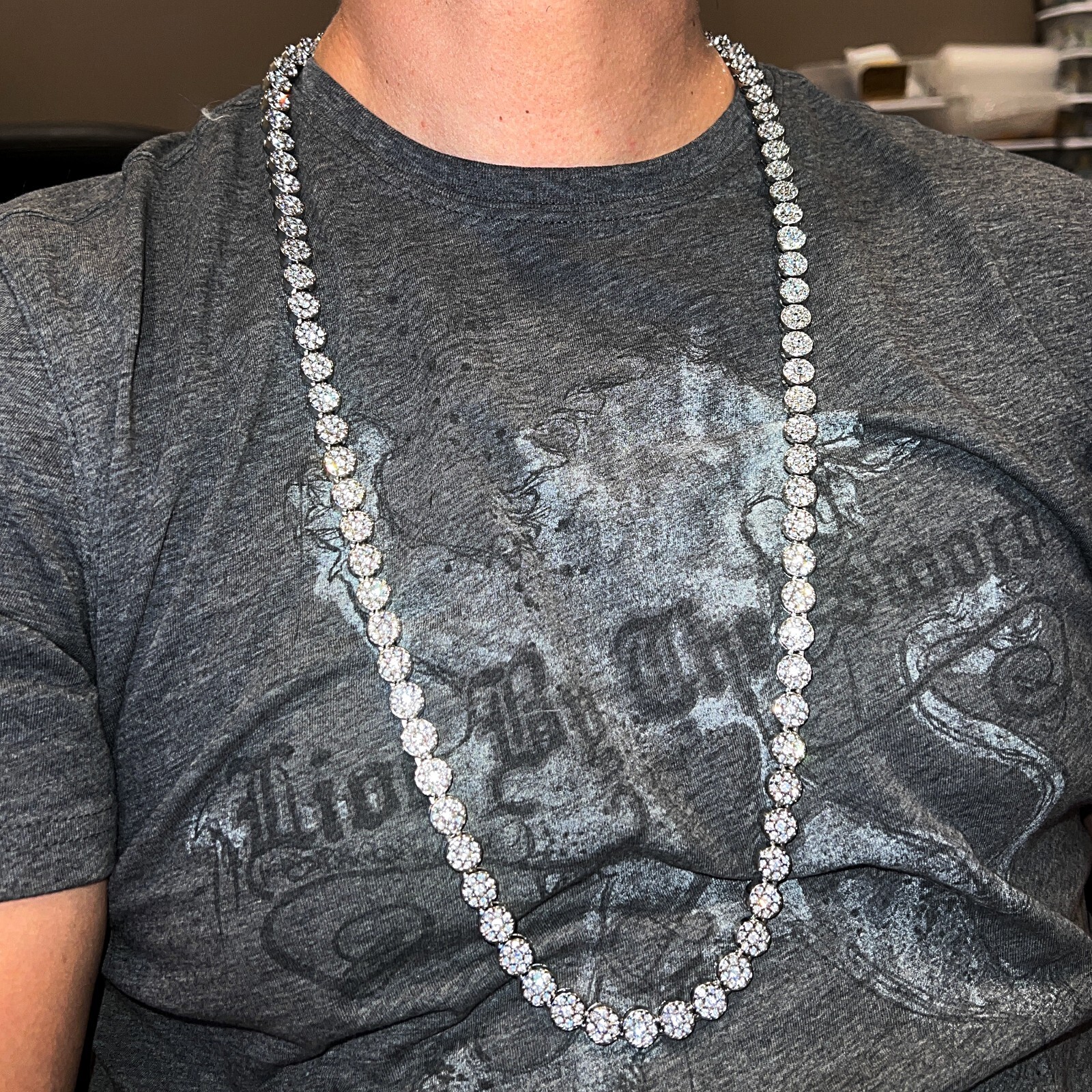 Men’s Flower Cluster Chain Simulated CZ Iced Flooded Out One Row Silver Tone 36″