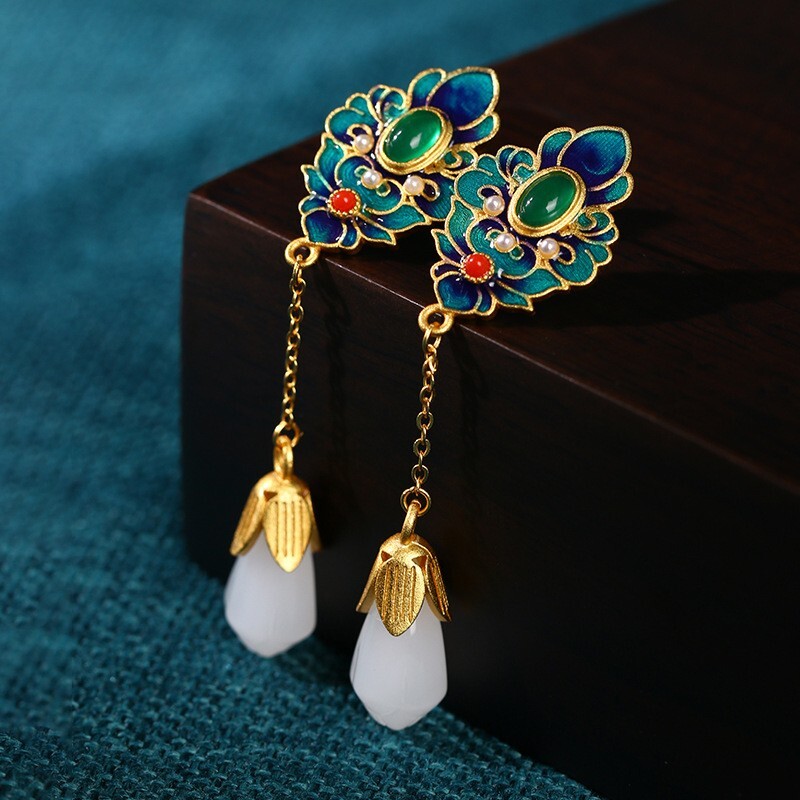 Jade Drop Dangle Earrings Bohemian Cloisonne Gemstone 18K White Gold Plated