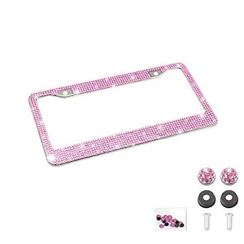 Bling Car License Plate Frame, Handcrafted Crystal Stainless Steel, 1PCS Pink