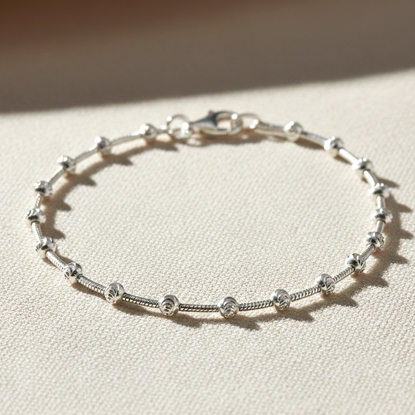 Solid 925 Sterling Silver Diamond-Cut Ball Beaded Chain Italian Bracelet 7″ 7.5″
