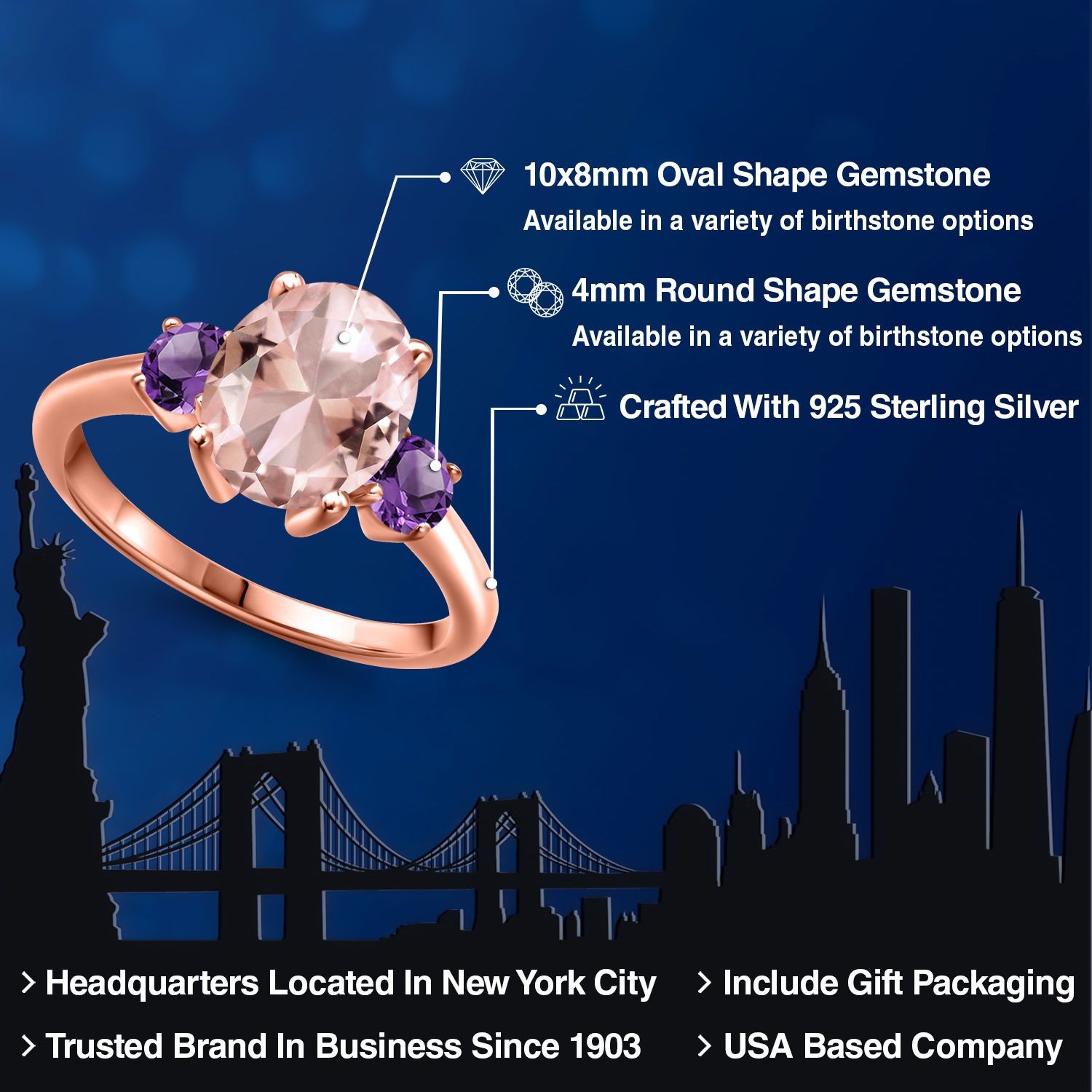2.82 Ct Peach Nano Morganite Purple Amethyst 18K Rose Gold Plated Silver Ring
