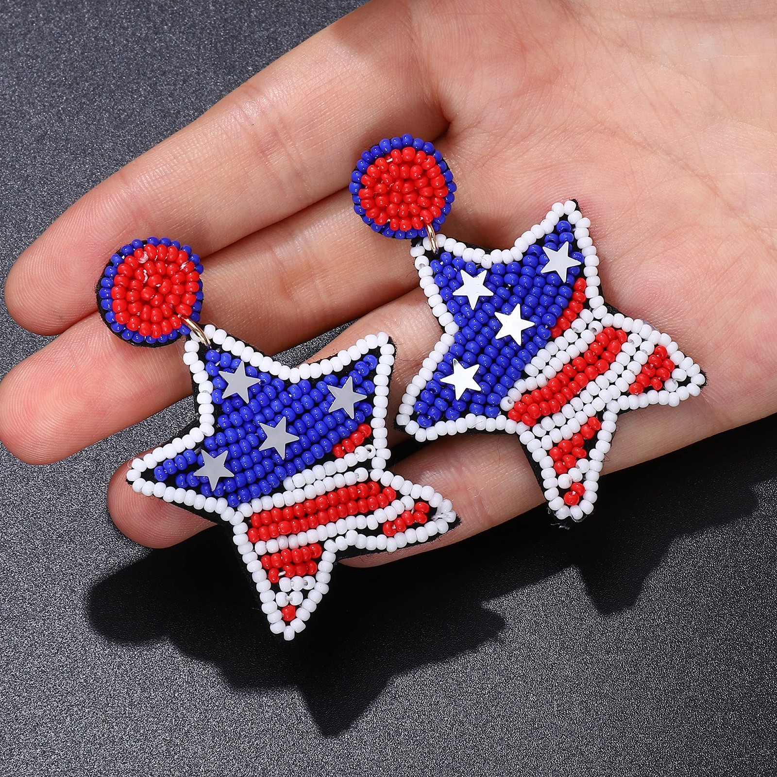 American Flag Beaded Star Drop Dangle Earrings – Patriotic Memorial Day & 4th…