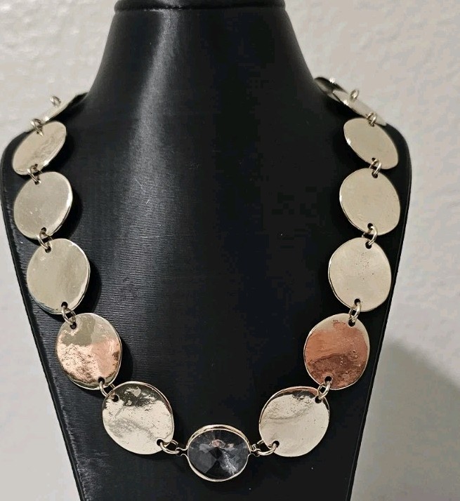 Chicos Gold Disc Statement Necklace Layered Coin Rhinestone Crystal Multi Strand
