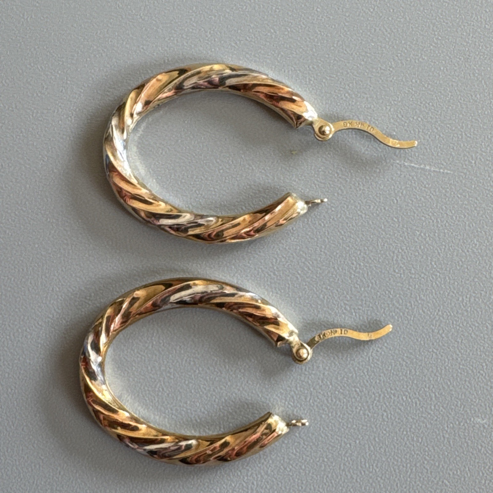 9ct Yellow, Rose & White Gold Twist Oval Creole Hoop Earrings 24.7mm Long 0.78g