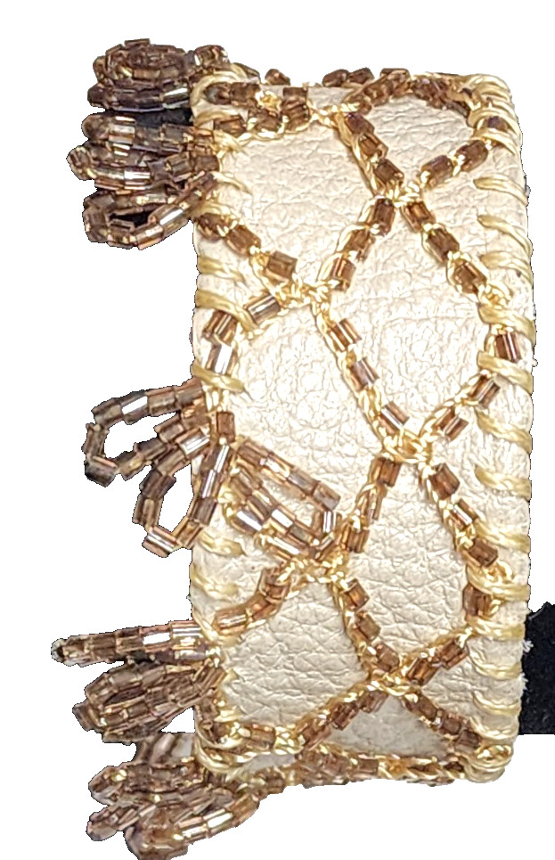 Handmade Cream White Genuine Leather Champagne Glass Beaded Cuff Bracelet Boho