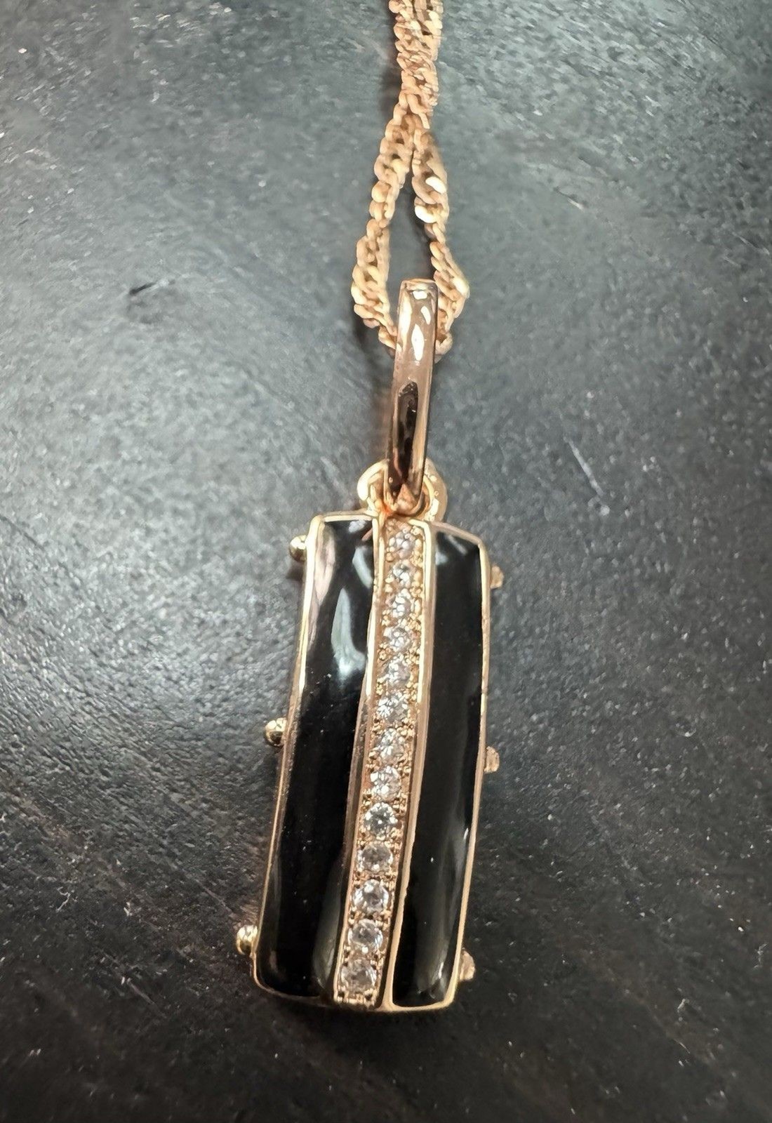 585 14K RG Stamped Rolled Gold Black Enamel Pendant 19” Necklace Clasp Chain