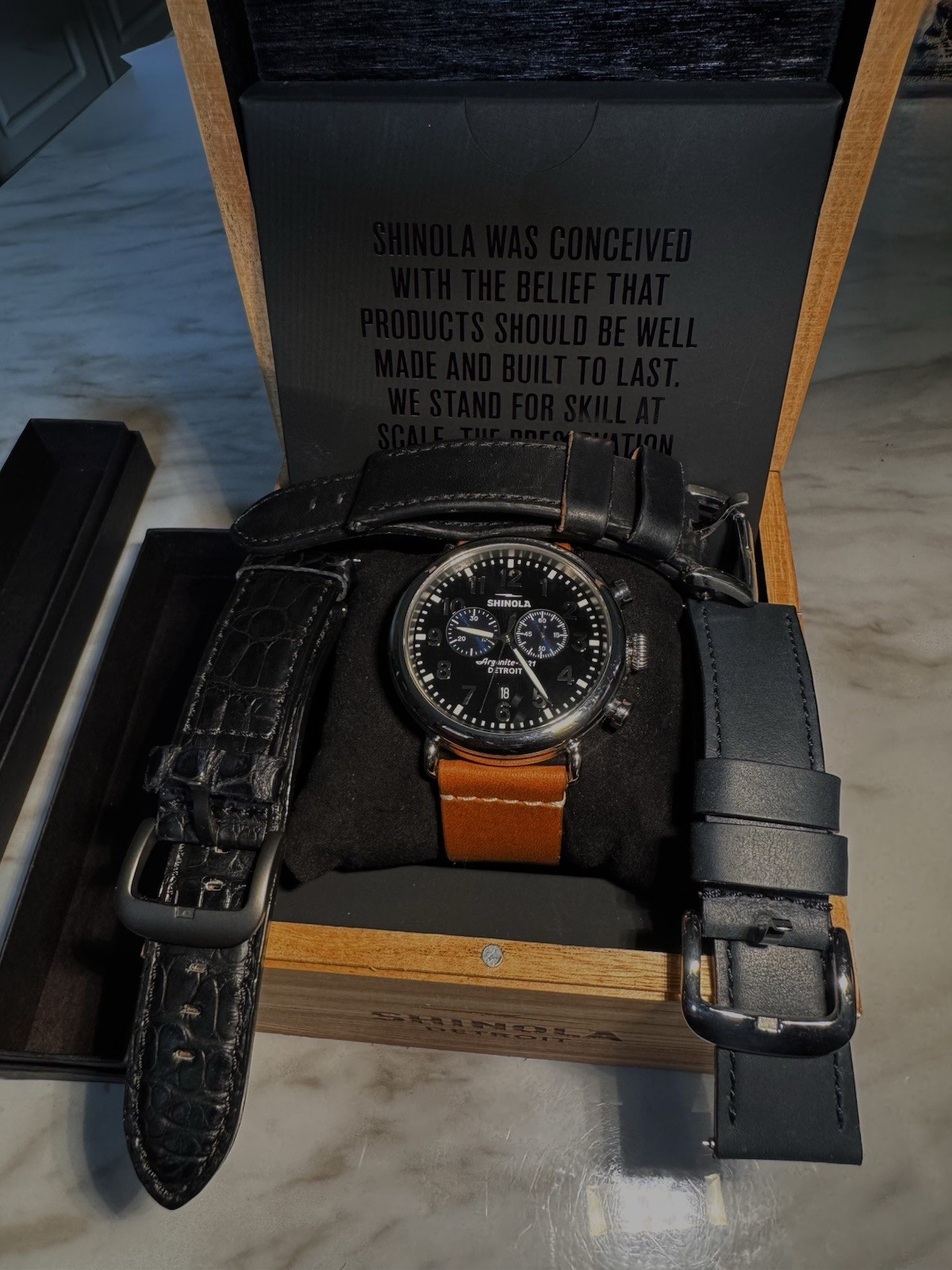 Shinola Runwell Chronograph 47mm Black Dial Quartz SS Watch w/Box Straps