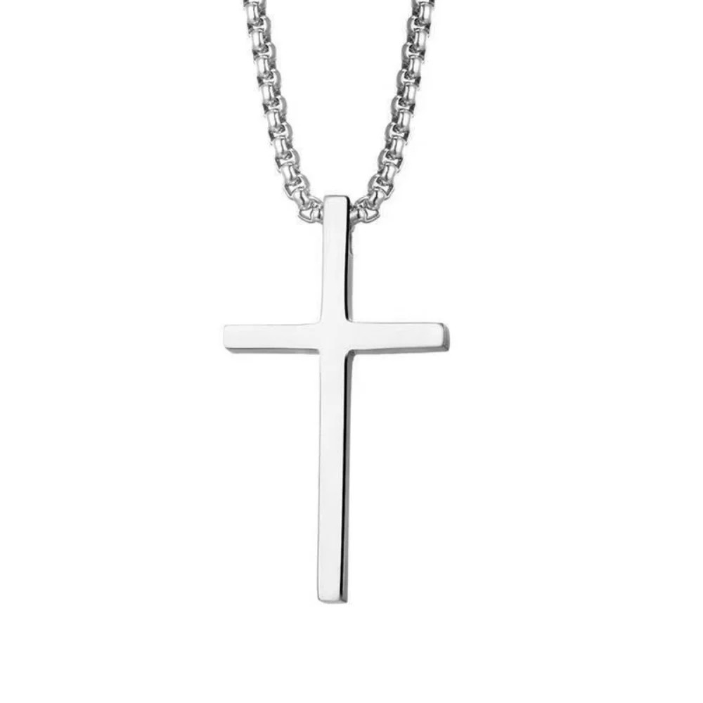 Men’s Hip Hop Cross Pendant Necklace Simple Punk Silver Titanium Steel Chain Fas