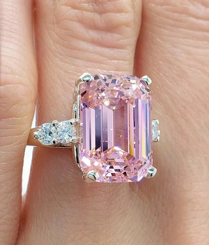 8Ct Emerald Cut Natural Pink Sapphire Diamond Wedding Ring 14K White Gold Plated