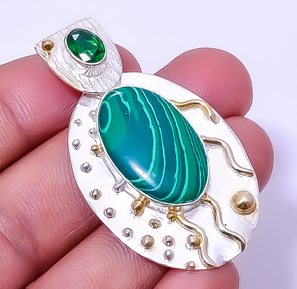 Malachite & Quartz 925 Sterling Silver Two Tone Pendant 1.95″ A360