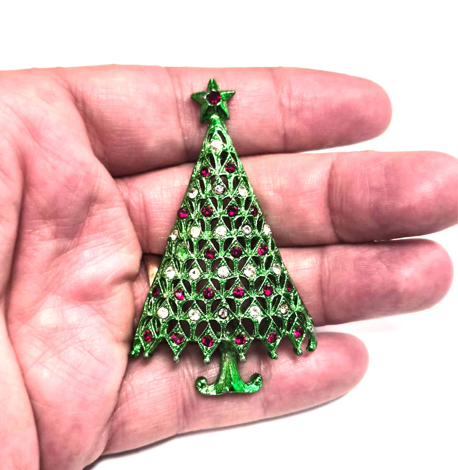 Vintage 70’s Signed MYLU Green Enamel & Rhinestone Christmas Tree Pin / Brooch