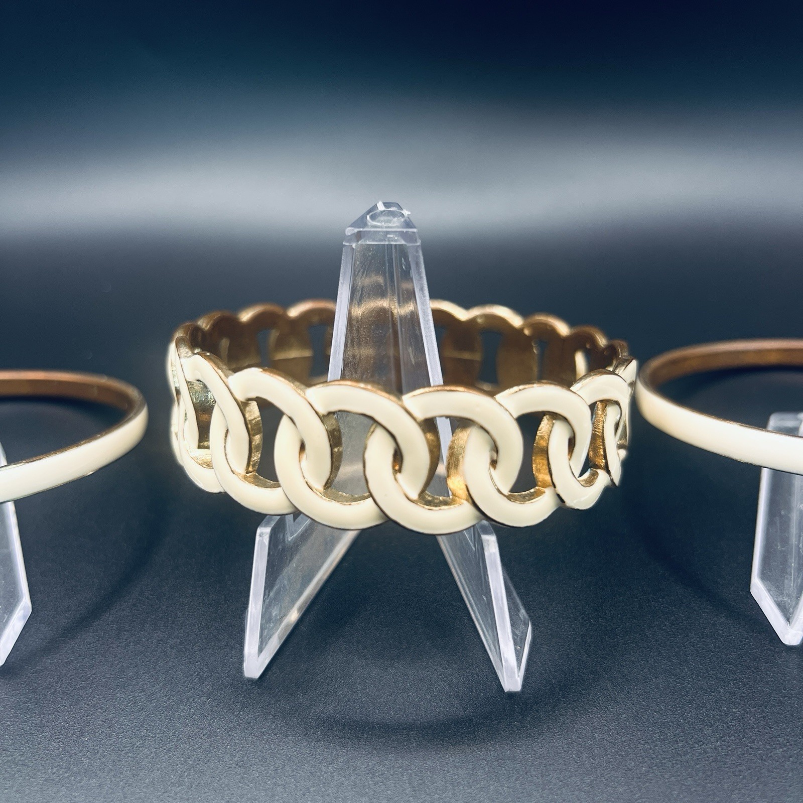 Vintage Gold Tone Cream Enamel Chain Link Bracelet 3 Piece Set 2.75in Diameter