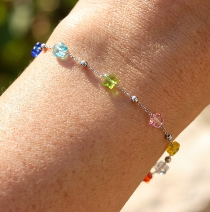 Elegant Silver Tone Minimalist Chain Bracelet with Multi Color Star Cubic