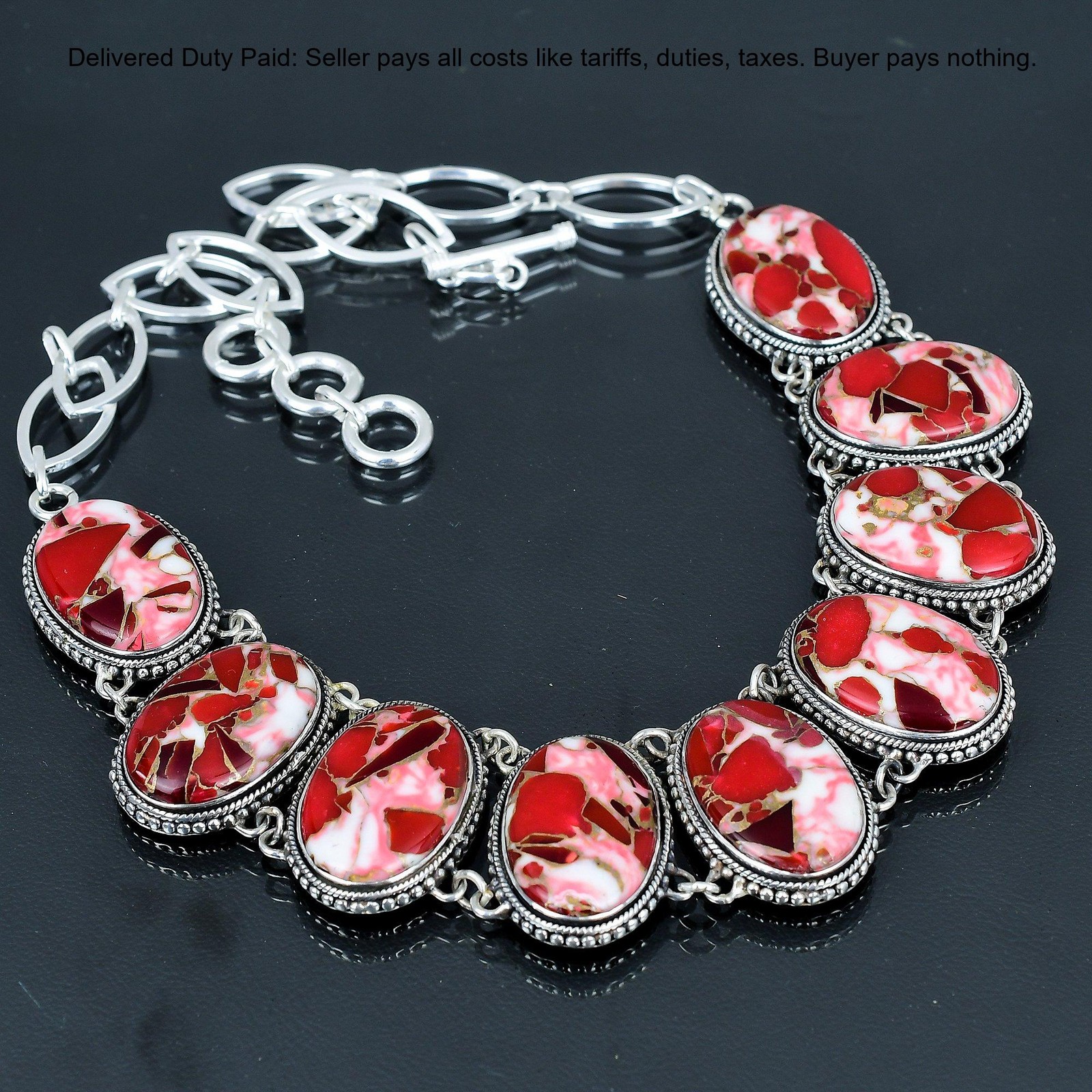 Oval Natural Kingman Red Mohave Copper Turquoise Boho Chain Necklace 925 Silver