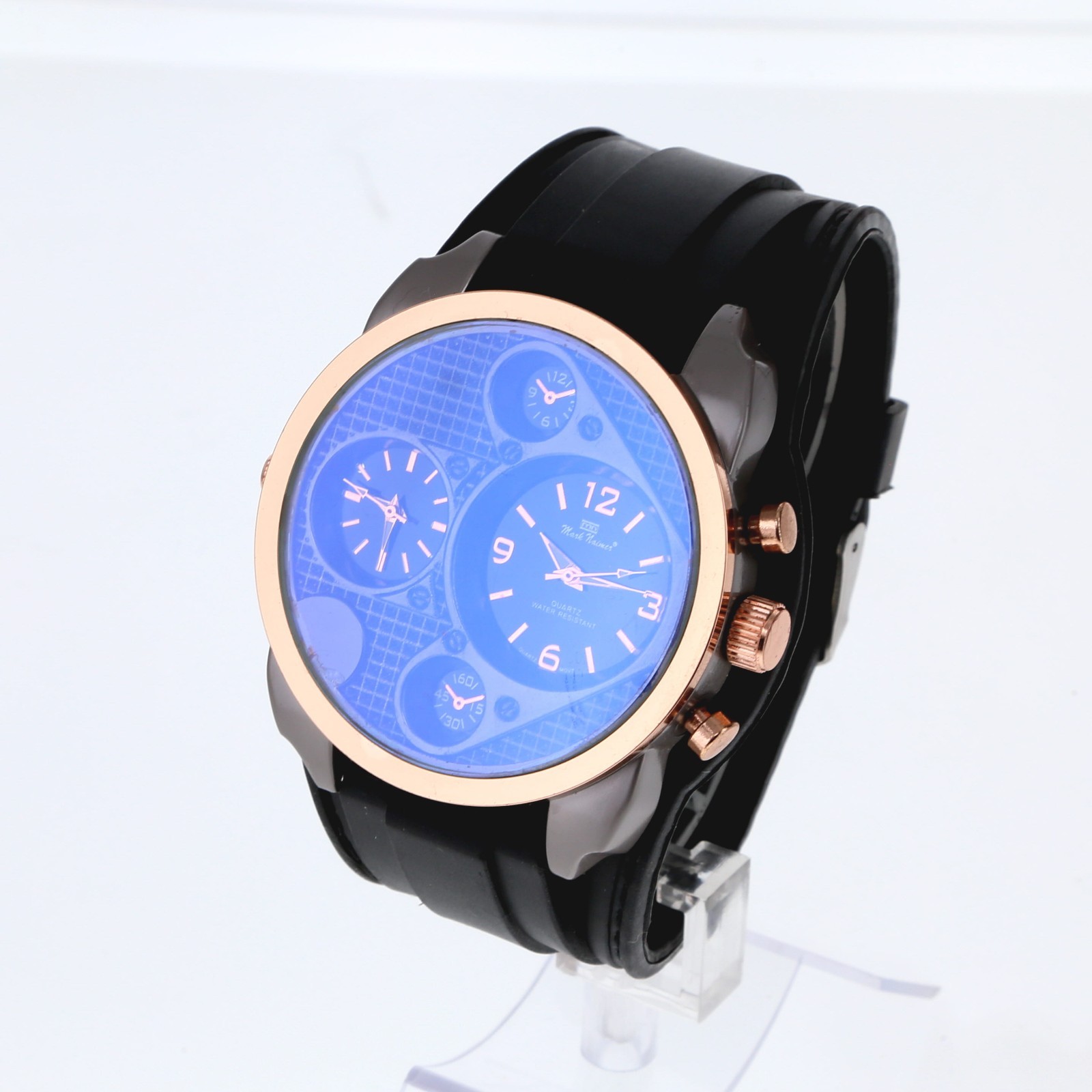 Big Bezel Dual Time Zone Gold Rose & Gray Finish Wide Black Silicon Band 50mm