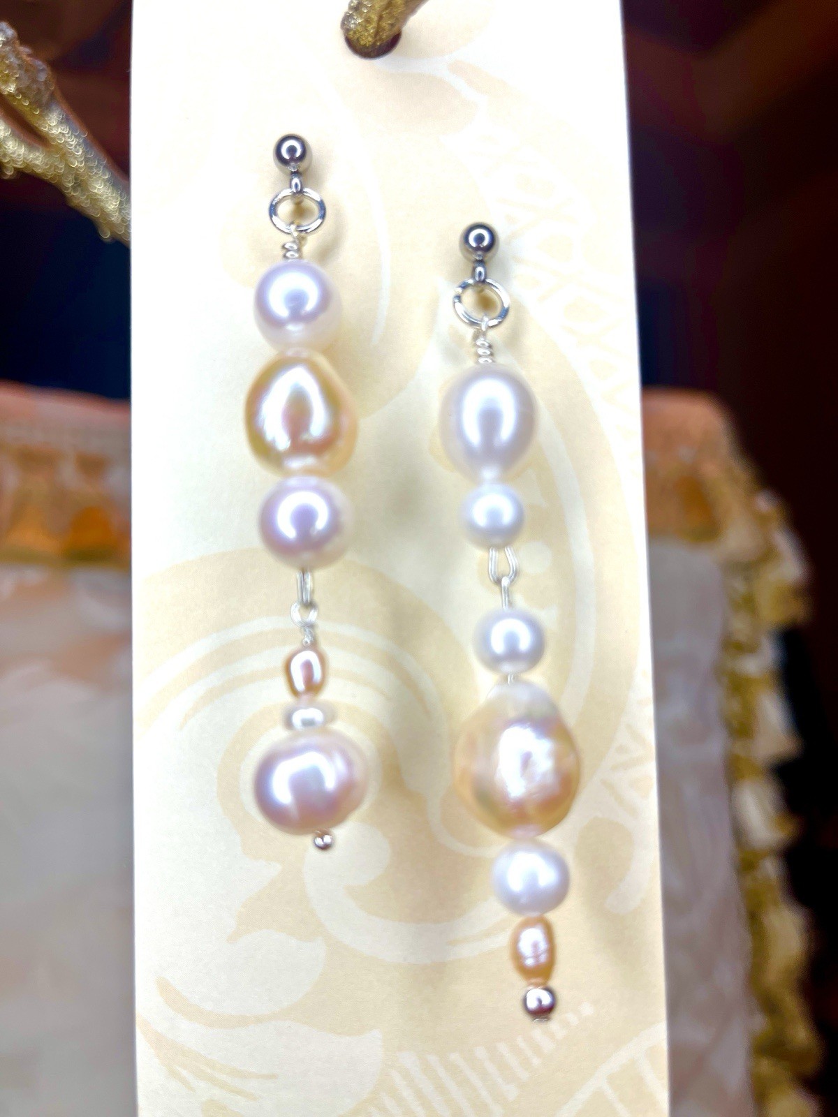 Asymmetric Eclectic Dangling Cream Champagne 12 mm Baroque Pearl Earrings