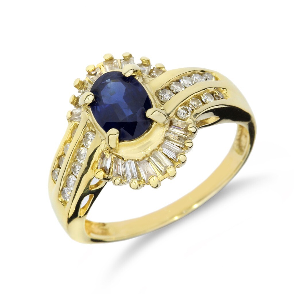 14K Yellow Gold 1.30ct Blue Sapphire & Natural Diamond Halo Ring GR-2450