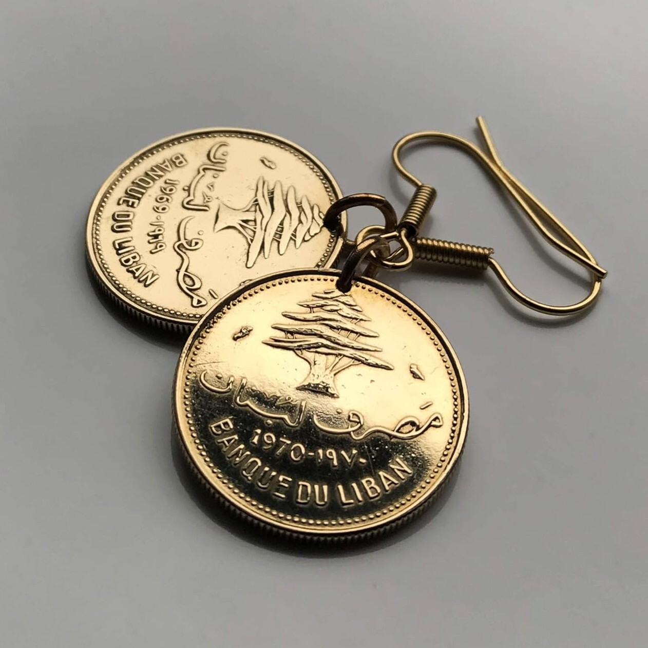 Lebanon Liban 10 Piastres coin earrings cedar tree Beirut Tripoli Baabda e000142