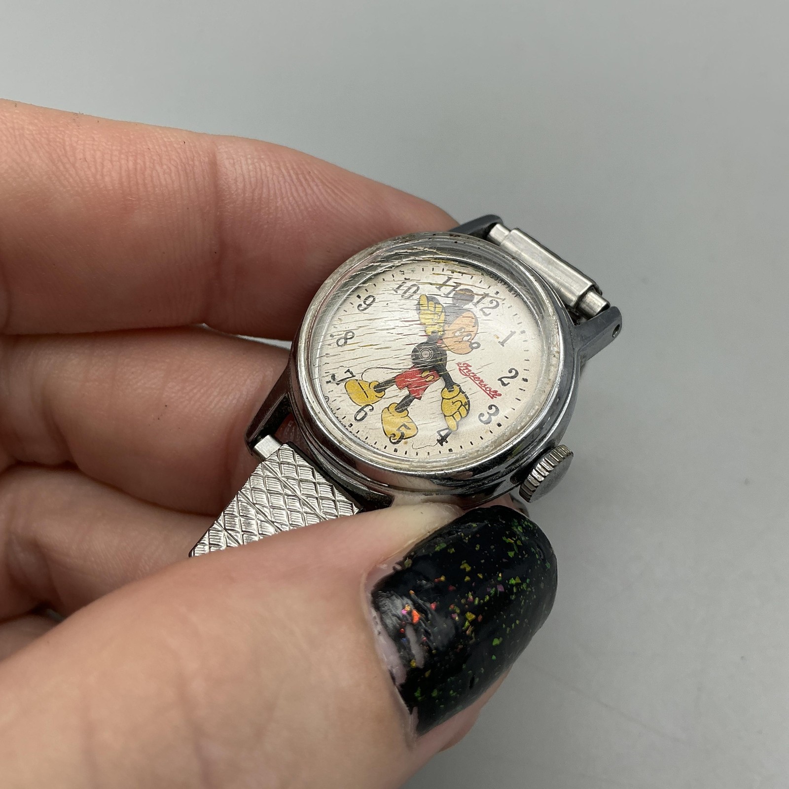 Vtg Ingersoll Mickey Mouse Womens Watch 24mm Silver Tone Manual Stretch Band