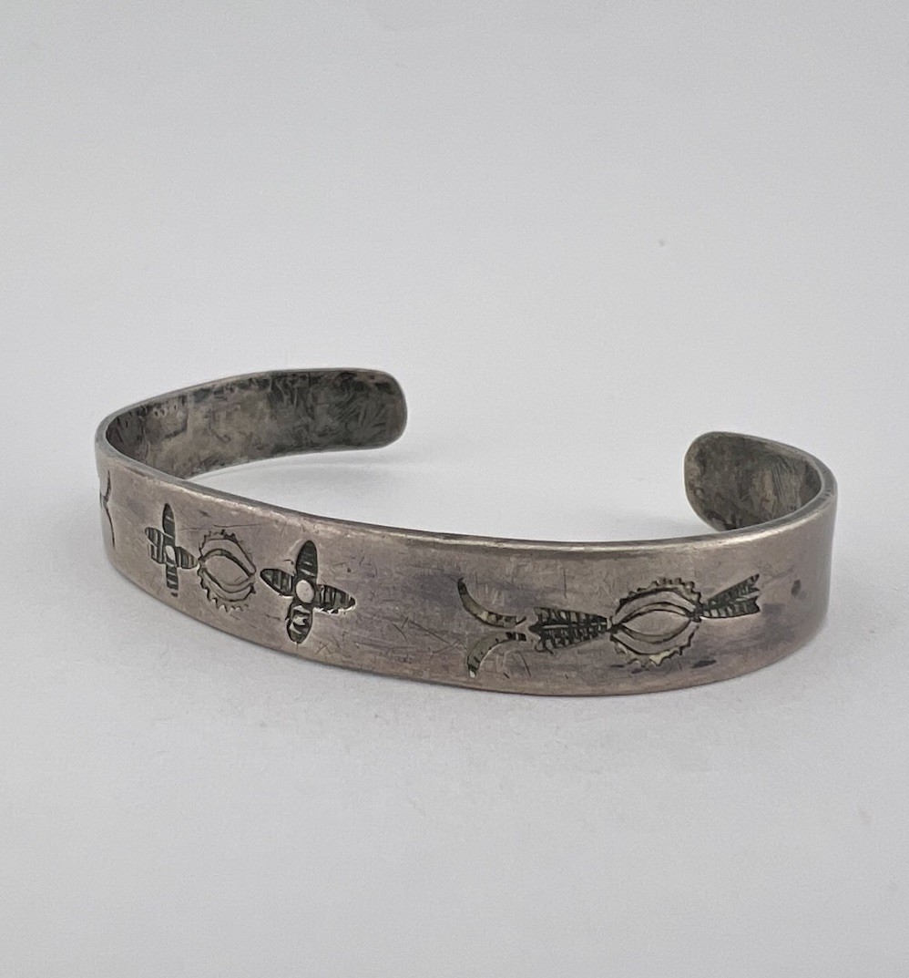 OLD Pawn 1930’s Fred Harvey Navajo Coin Silver Hand Stamped Cuff Bracelet