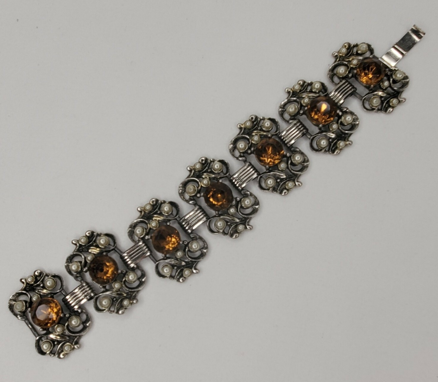 Vintage Panel Bracelet Silver Tone Faux Pearl Citrine Stones Chunky