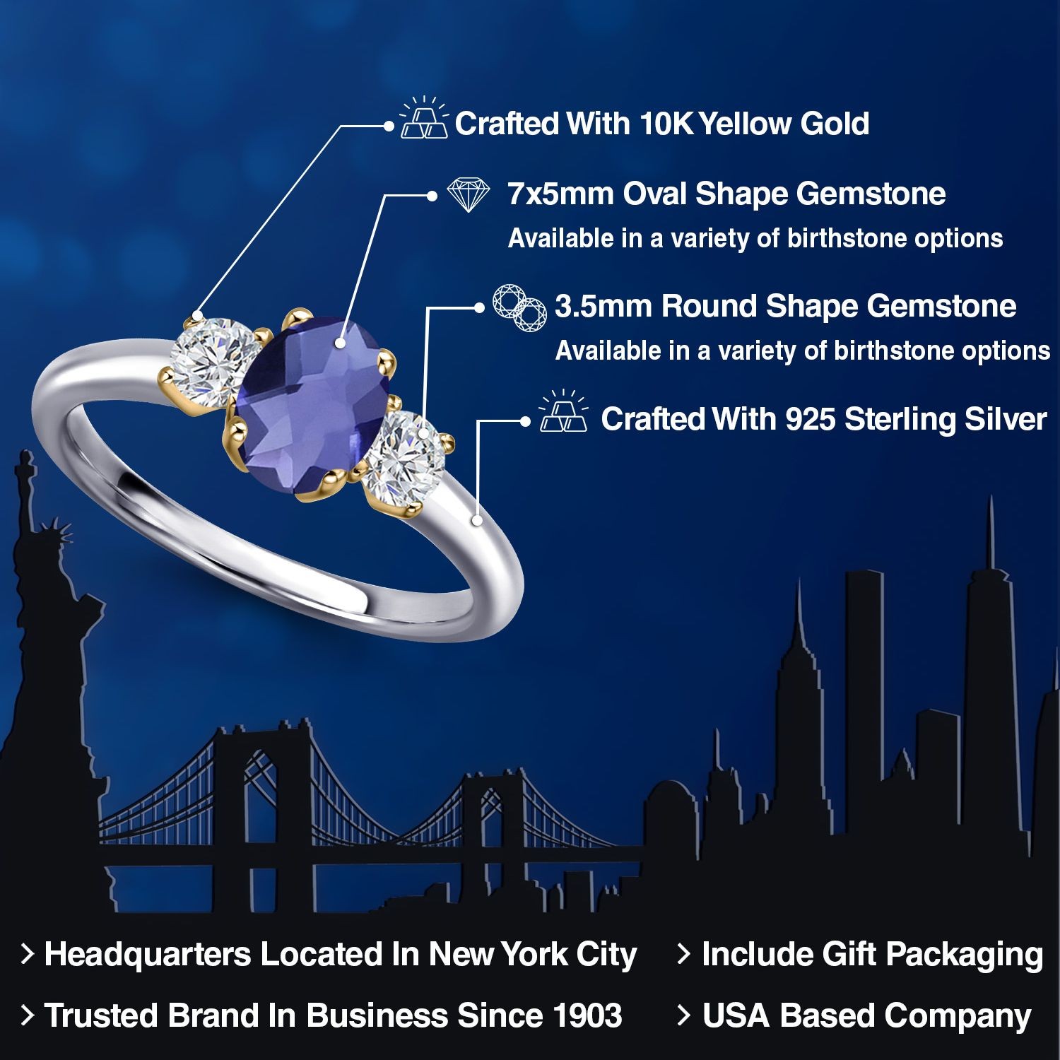 925 Silver and 10K Yellow Gold Blue Iolite and Lab Grown Diamond Engagement