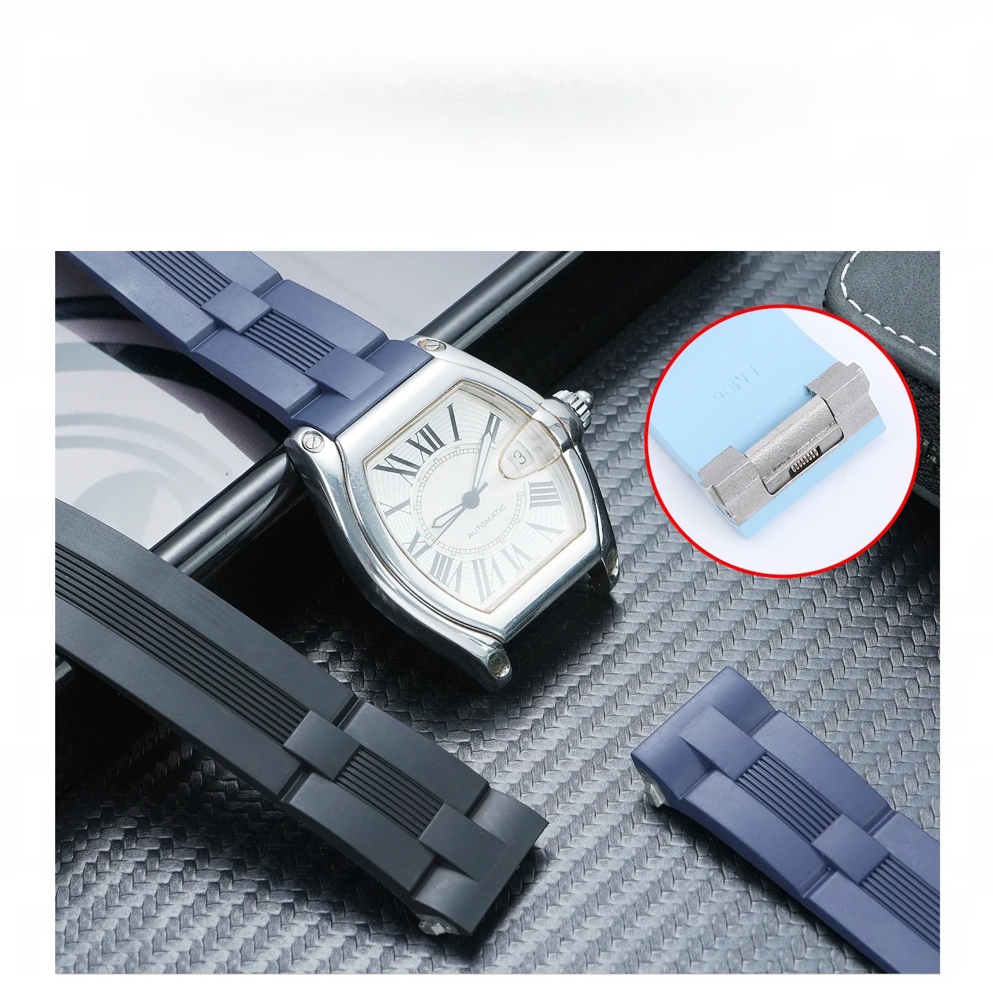 Men’s 19mm Quick Release FKM Rubber Strap for Cartier Roadster Folding Buckle