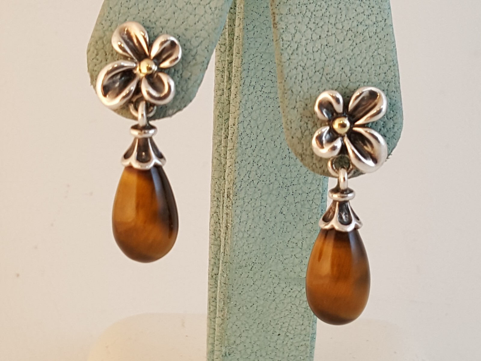 Ann King tigers eye sterling silver 18k gold dangly earrings