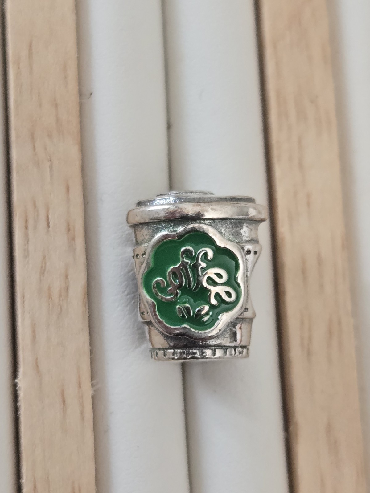 S925 Sterling Silver Coffee Cup Bead Green Enamel Heart Charm