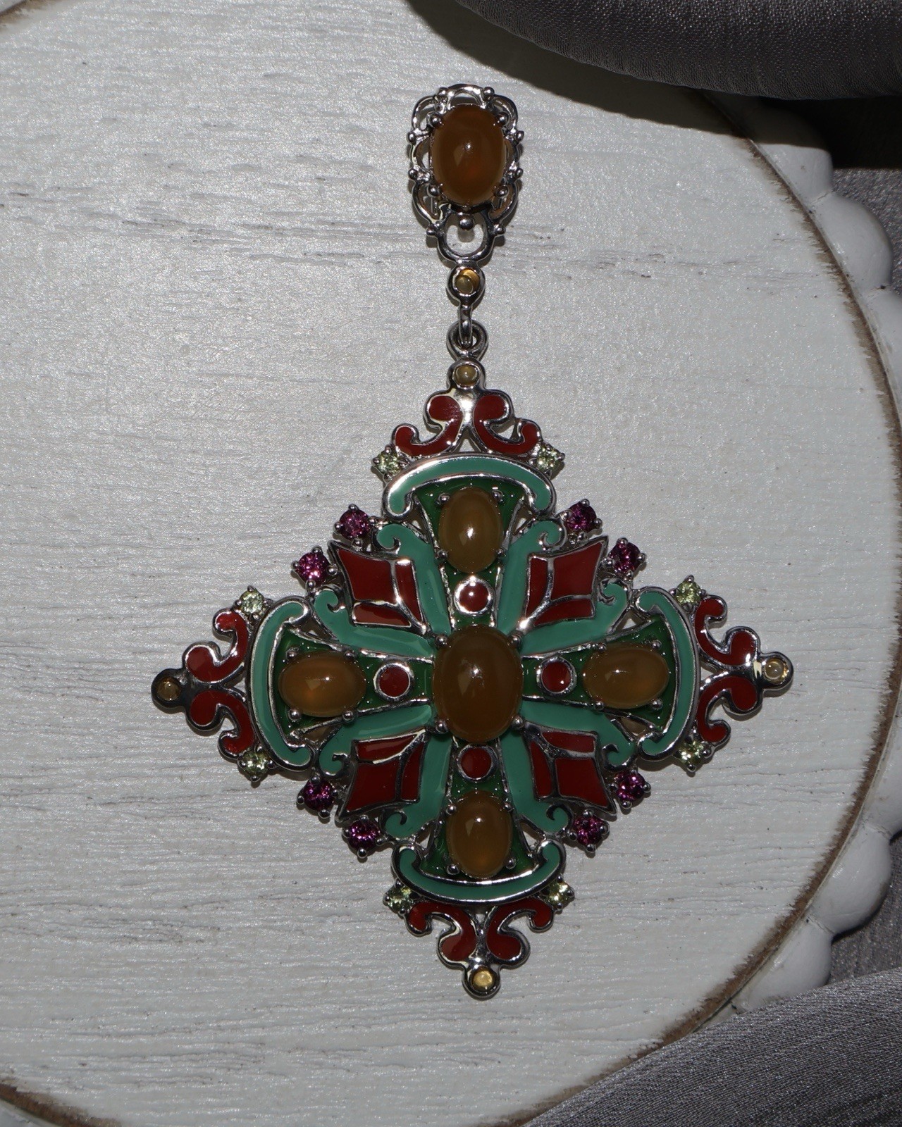 Sterling Enamel Citrine Cross Pendant 17.57G / 2.8in