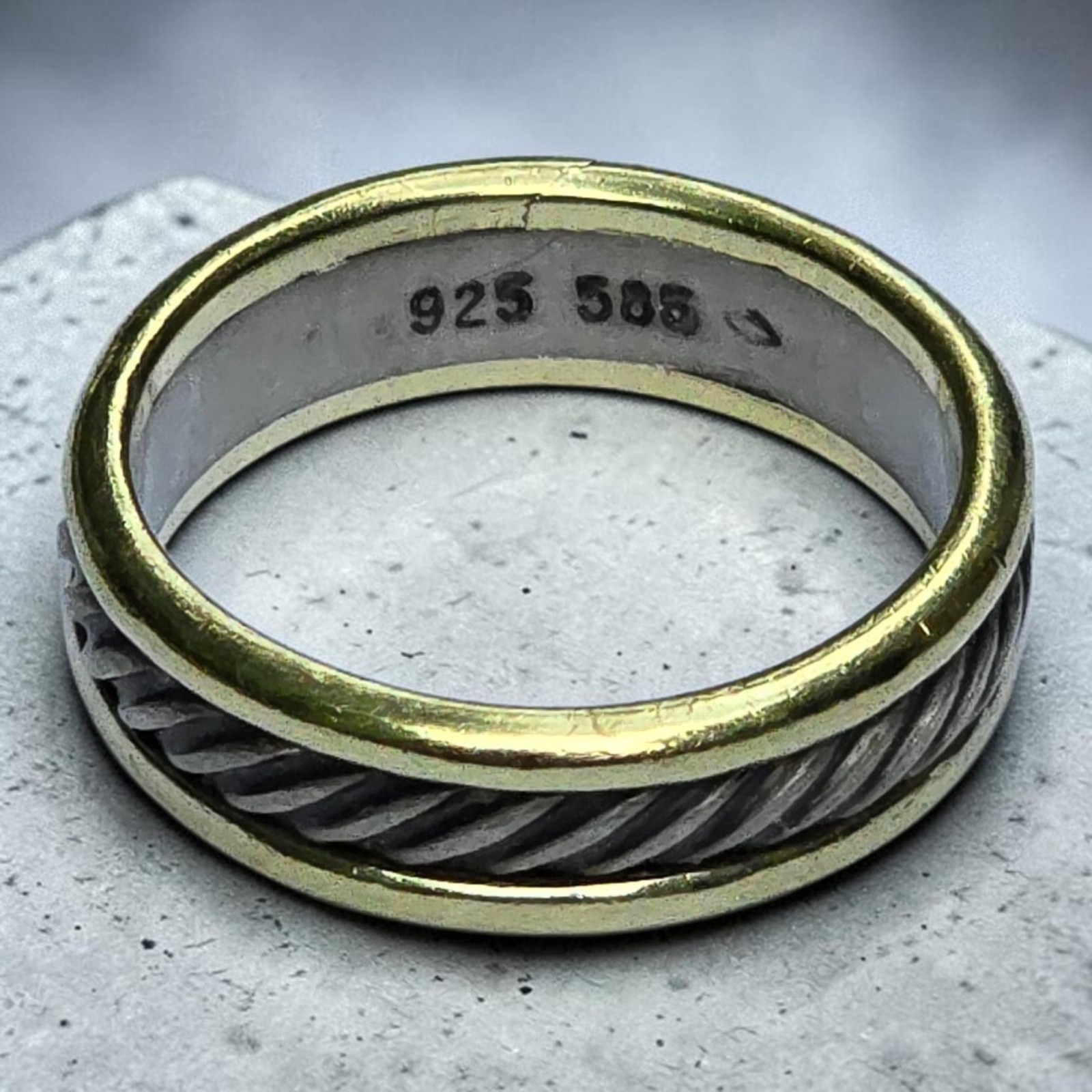 David Yurman 925/14K Cable Band Ring 4.5mm Hand Stamped Two Tone Rare Size 7