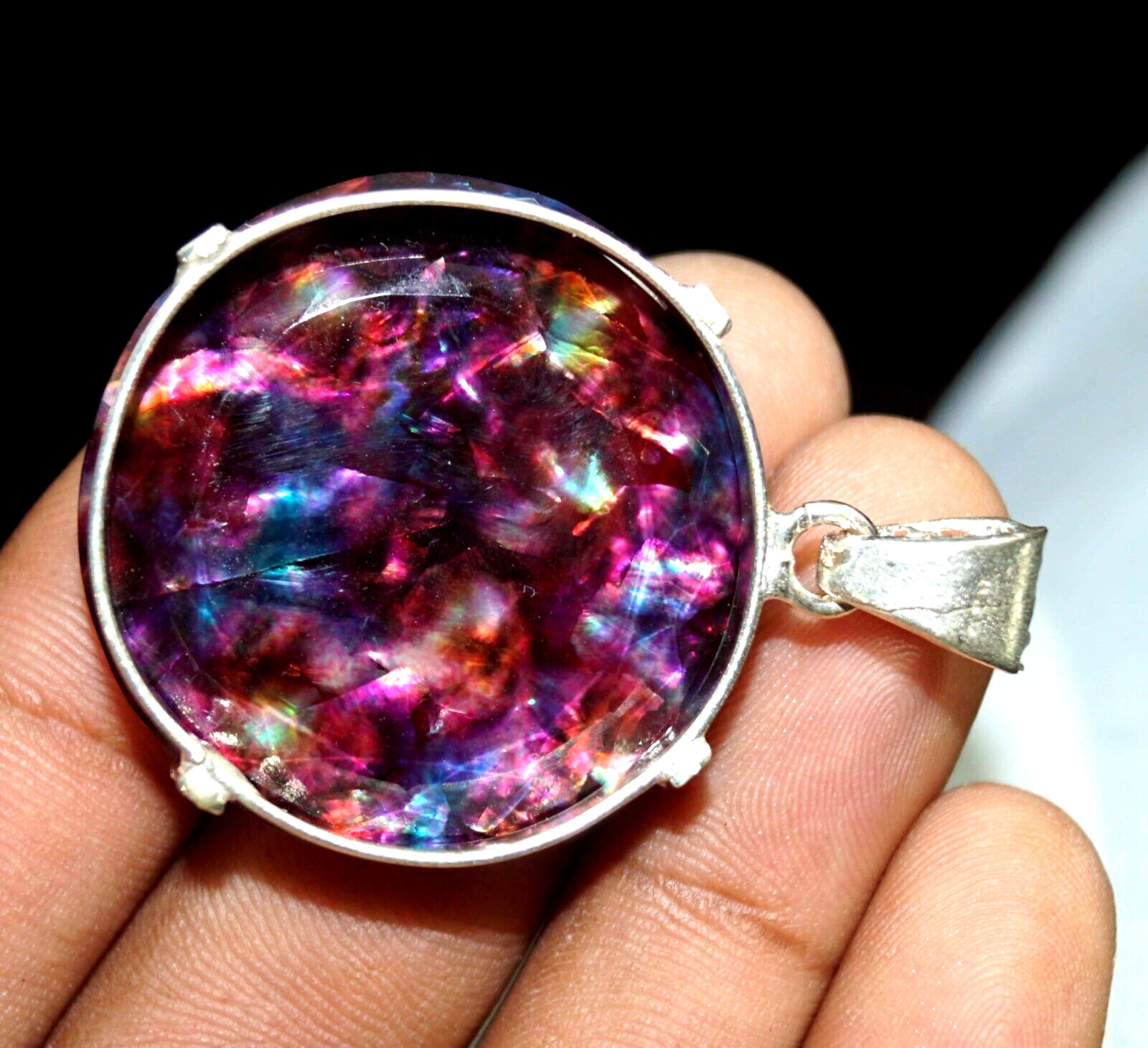 Certified 80.85 Ct Natural Ammolite 925 Silver Round Cut Pendant Loose Gemstone