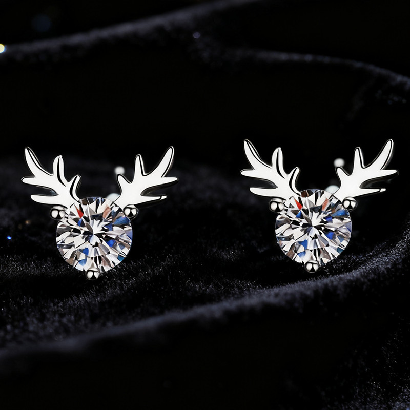 925 Sterling Silver Reindeer Stud Earrings Moissanite Deer Christmas Gift Women