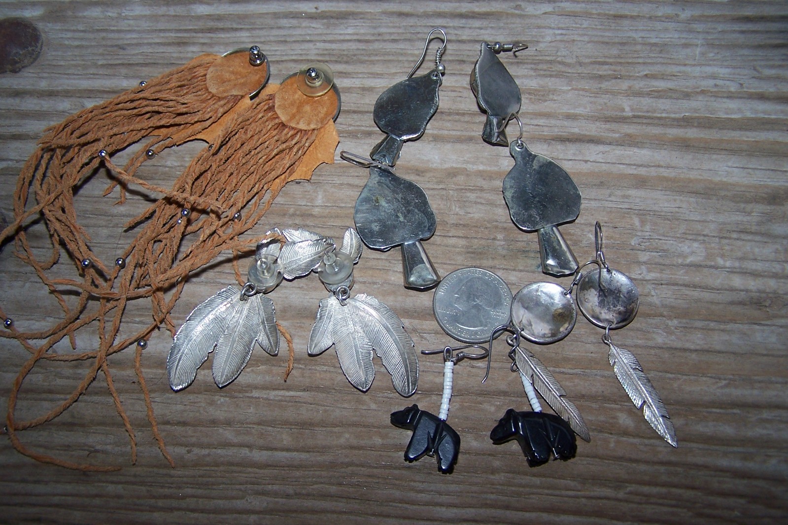 Southwestern Nickle Silver Stone Fetish Feather Squash Blossom Earrings Lot of 6