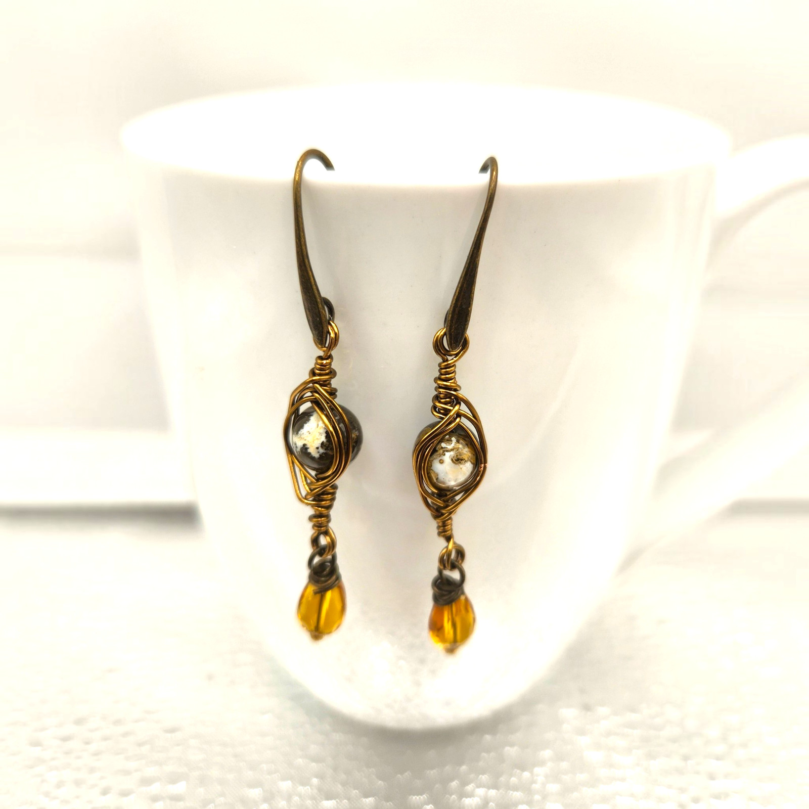Handmade Stone Herringbone Wire Wrapped Dangle Earrings Gold Silver Bronze