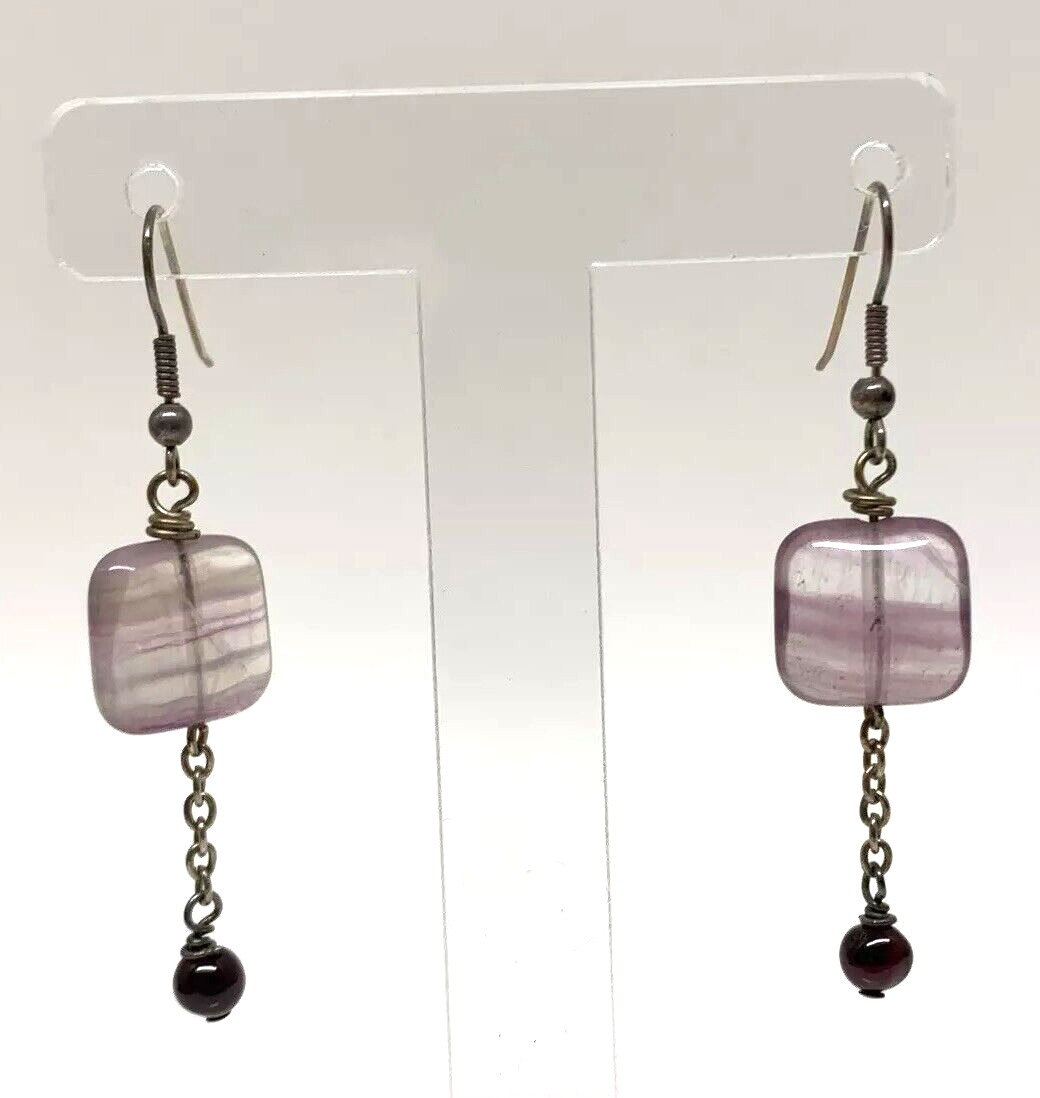 VTG Square Fluorite Dangle Hook Drop Chain Earrings 7.69g