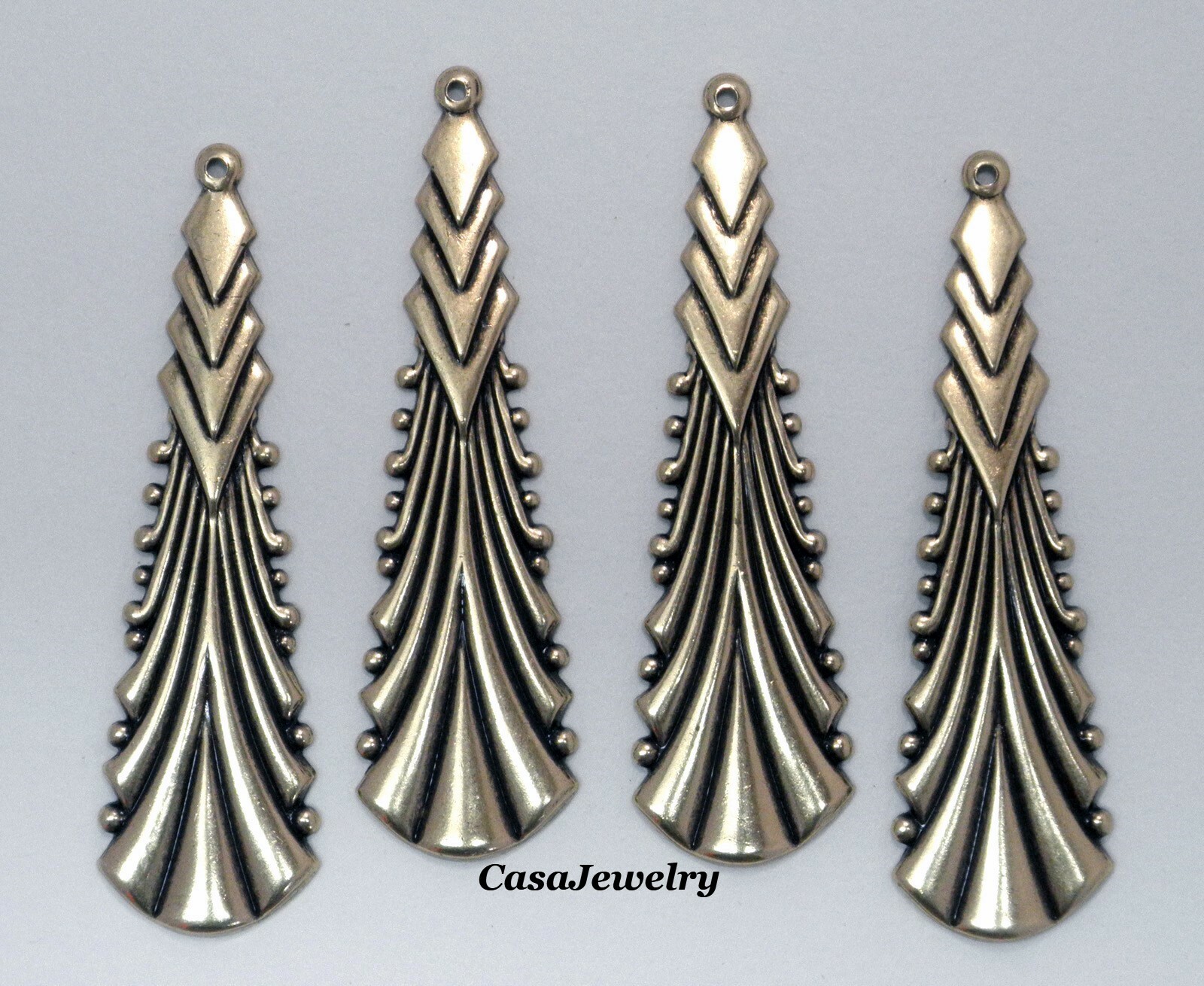 #3439 LARGE ANTIQUED GOLD ART DECO DROP W/TOP HANG RING – 4 Pc Lot