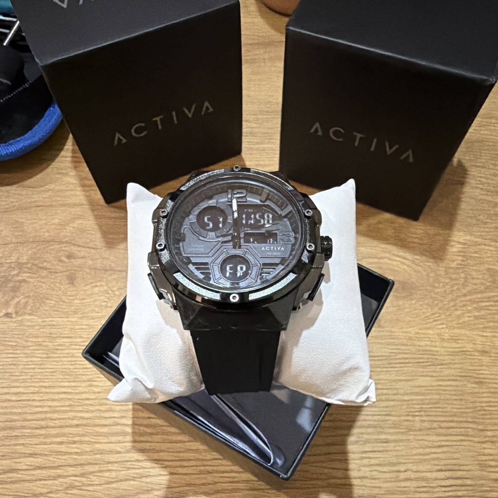 Activa 50mm WR 5BAR Ana-Digi Quartz Chronograph 50m Black Rubber Strap w/ Box