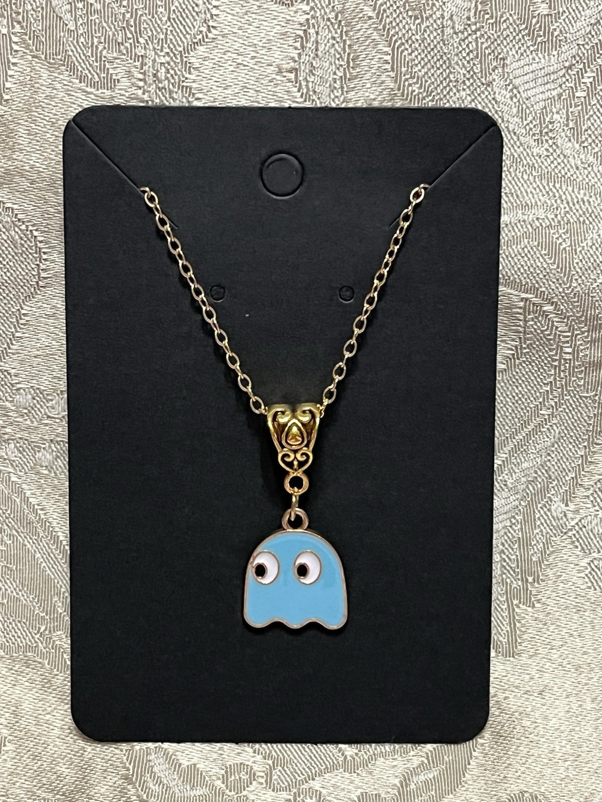 PAC Man INKY BLUE GHOST Gold Chain Fashion Cartoon Video Novelty 18” Necklace