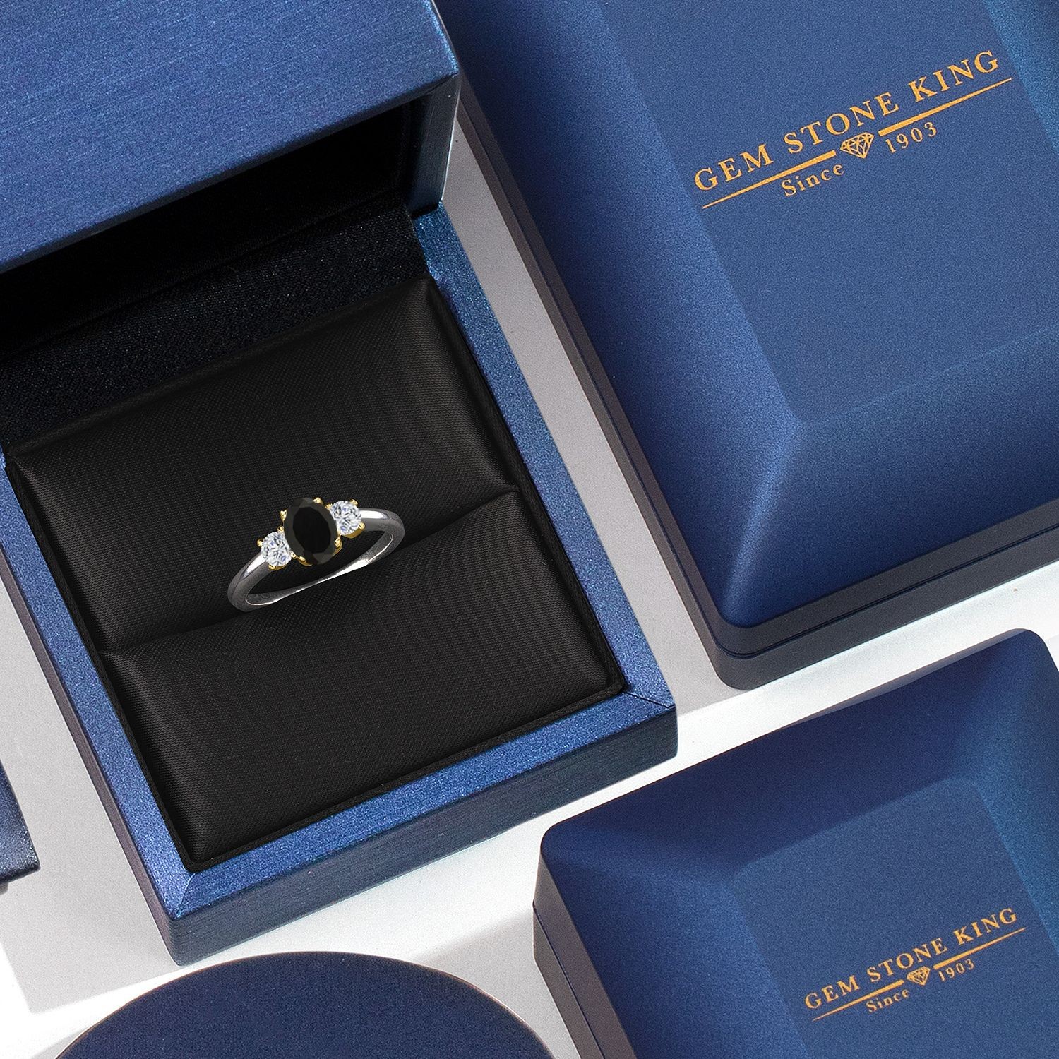 925 Silver and 10K Yellow Gold Onyx and Lab Grown Diamond Engagement Ring For