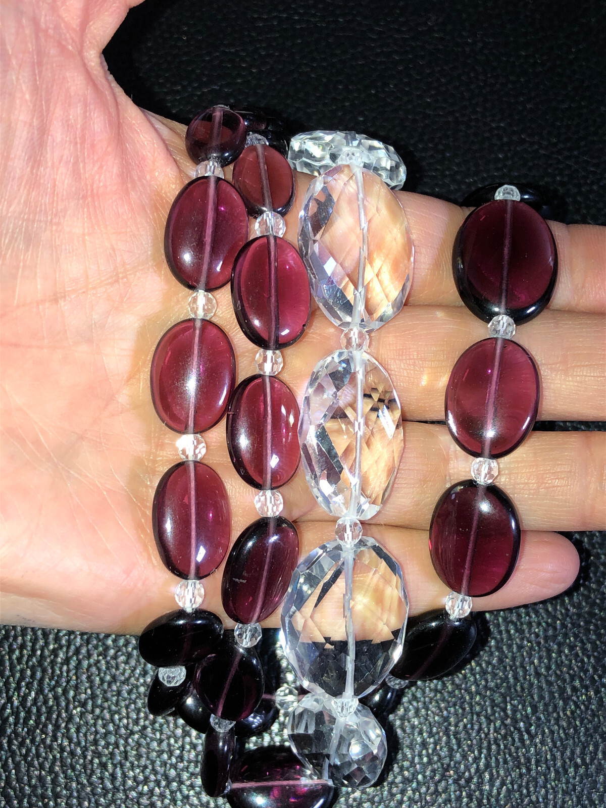 Burgundy Glass & Quartz Crystal Bead Station Necklace Sterling Silver 925 5393
