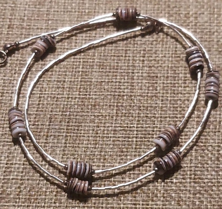 Vintage Sterling Liquid Silver & Wampum Heishi Shell Necklace