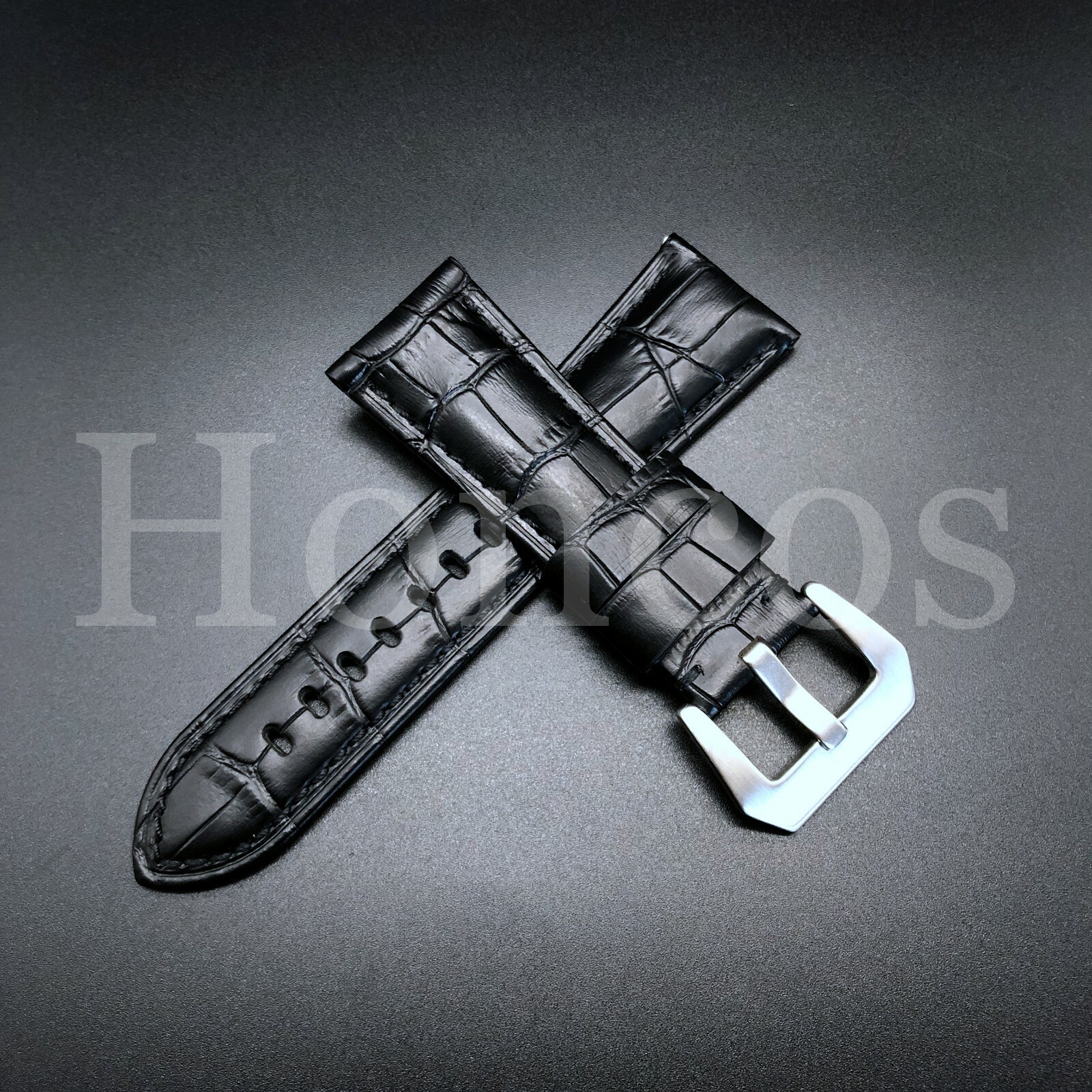 Fits For Panerai 24mm Handmade Black Croc Leather Watch Strap Band Pre-v Buckle