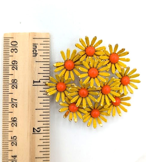 Vintage WEISS Enamel Flower Brooch Yellow Orange Daisy Floral Pin Mod Pop Art