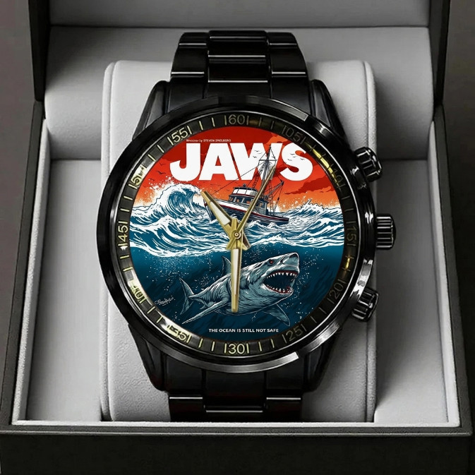 Jaws Great White Shark Watch Black Stainless Steel Movie Collector Gift TN1359